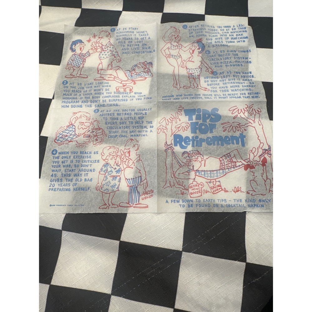 Vintage MCM Tips For Retirement Cocktail Napkins Wisconsin Tissue Mills Humorous